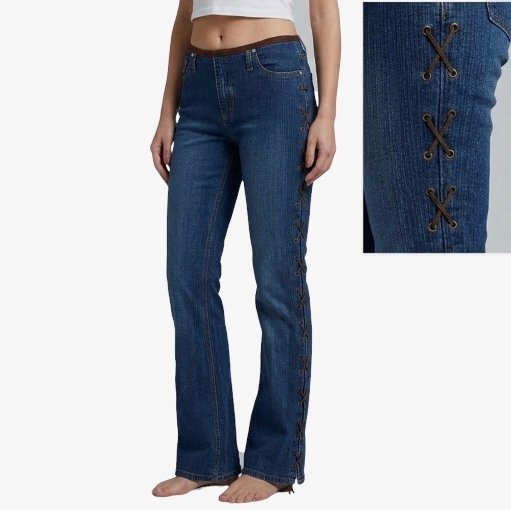 Vintage Y2K No Boundaries Lace Up Side Flare Jeans Size 11 Denim Western Boho